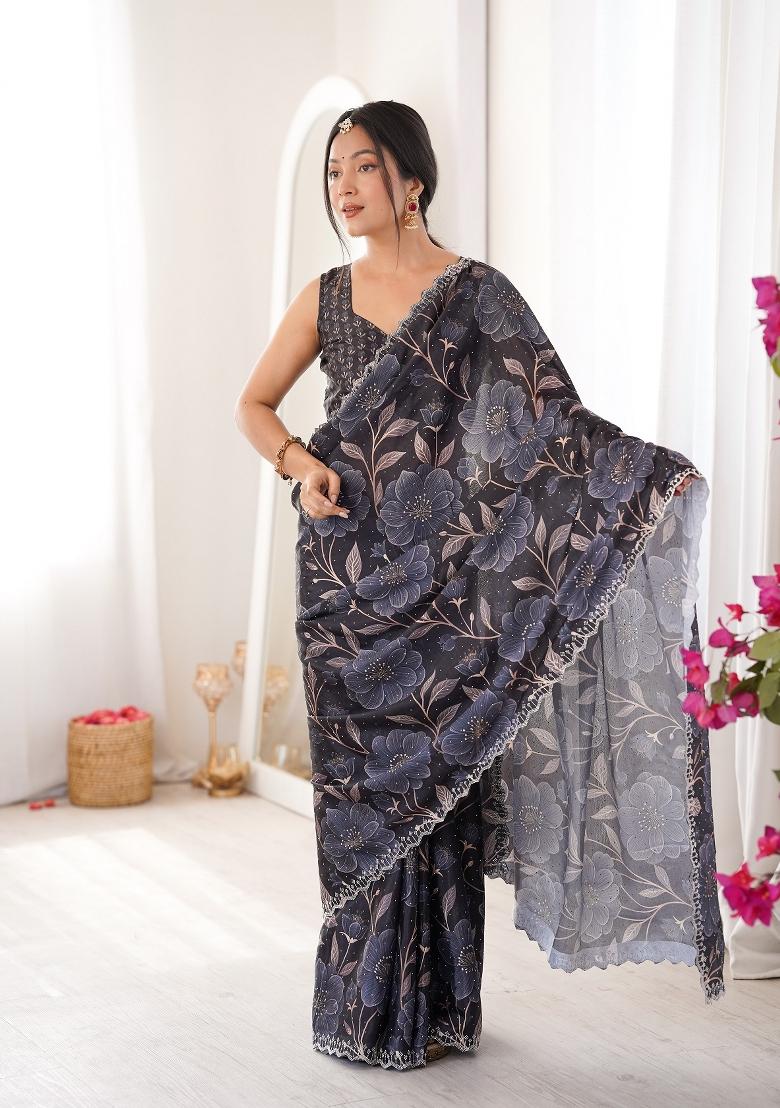 Black Printed Chinon Saree Set - Indya