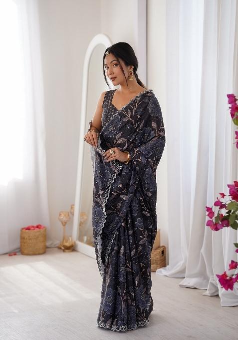 Black Printed Chinon Saree Set