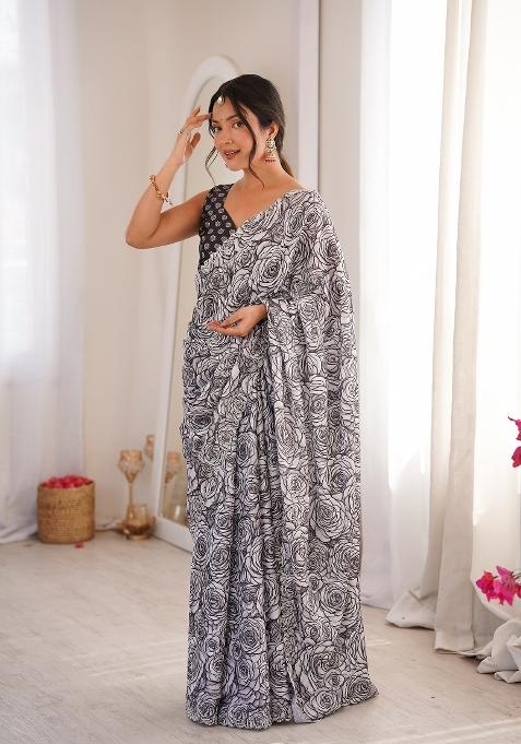 White Printed Chinon Saree Set
