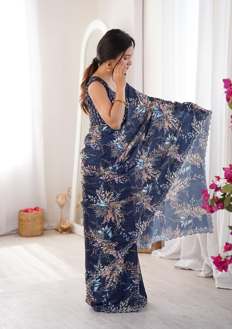 Navy Blue Printed Chinon Saree Set - Indya