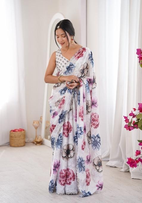 White Printed Chinon Saree Set