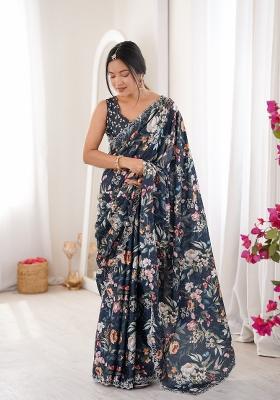 Dark Green Printed Chinon Saree Set