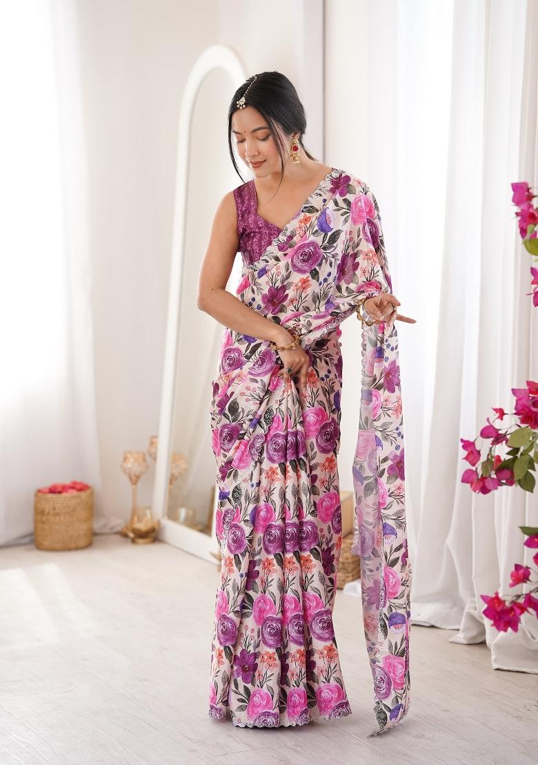 Baby Pink Printed Chinon Saree Set - Indya