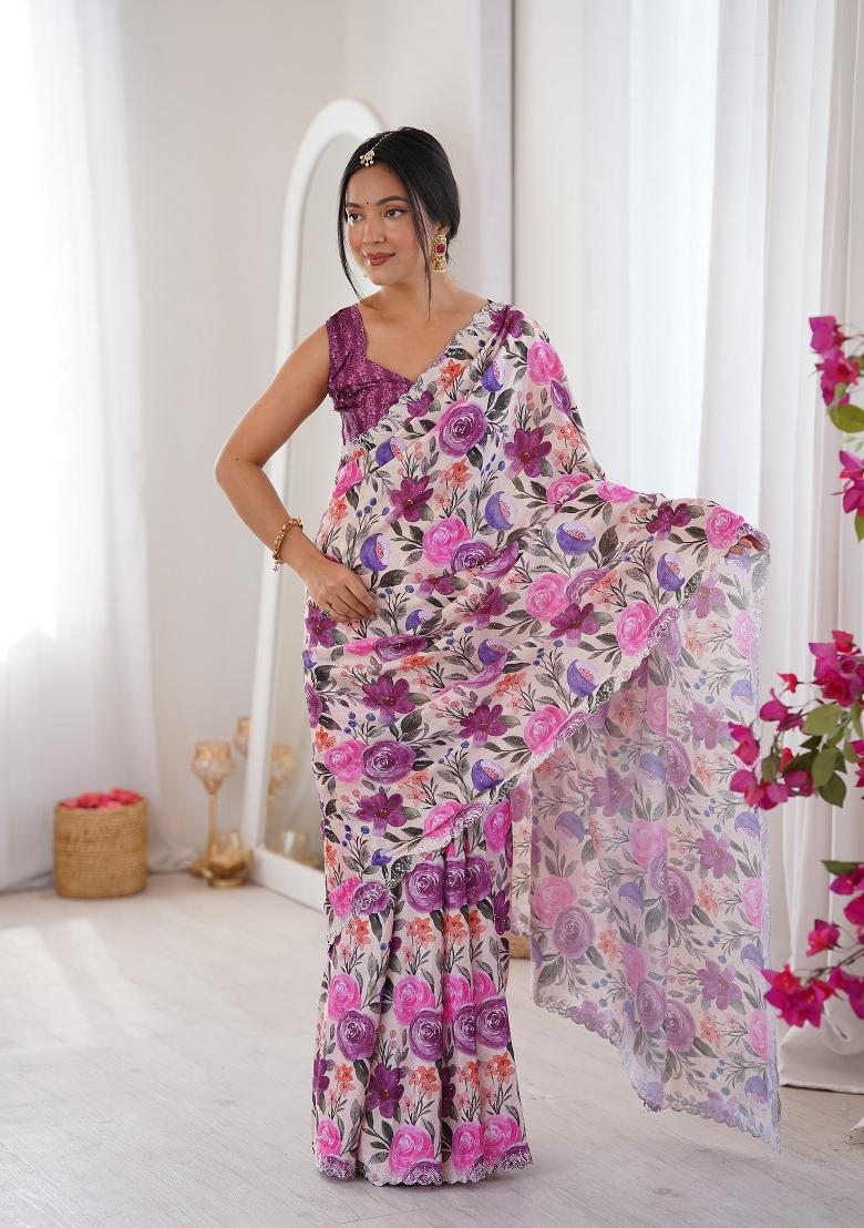 Baby Pink Printed Chinon Saree Set - Indya