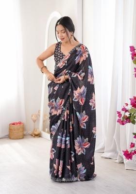 Black Printed Chinon Saree Set