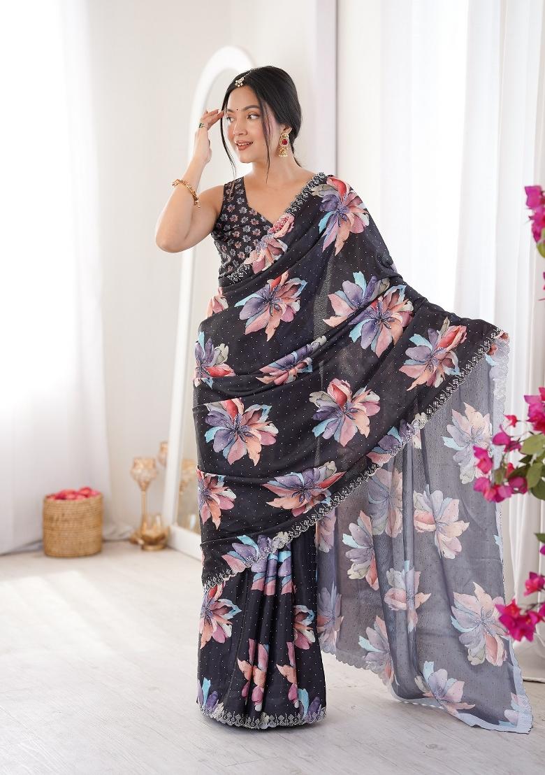 Black Printed Chinon Saree Set - Indya
