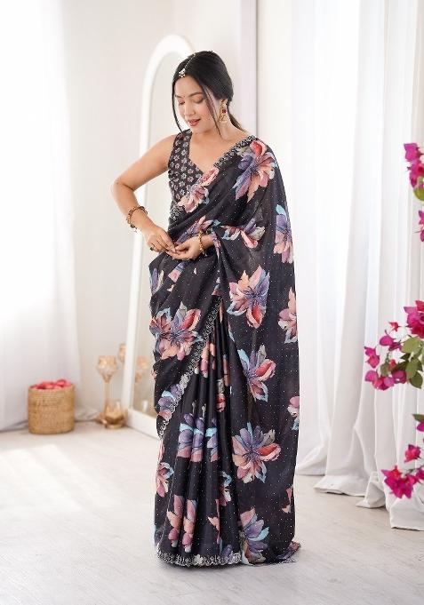 Black Printed Chinon Saree Set