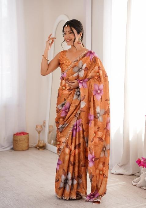 Orange Printed Chinon Saree Set