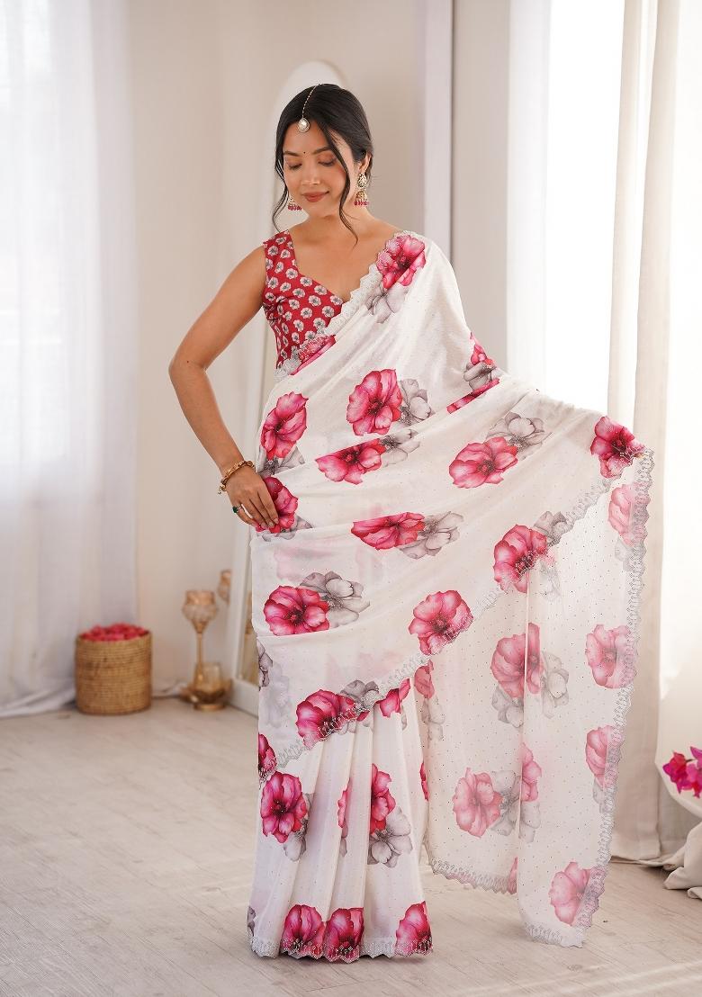 White Printed Chinon Saree Set - Indya
