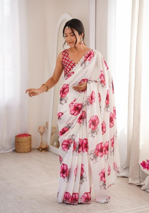 White Printed Chinon Saree Set