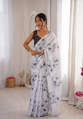 White Printed Chinon Saree Set