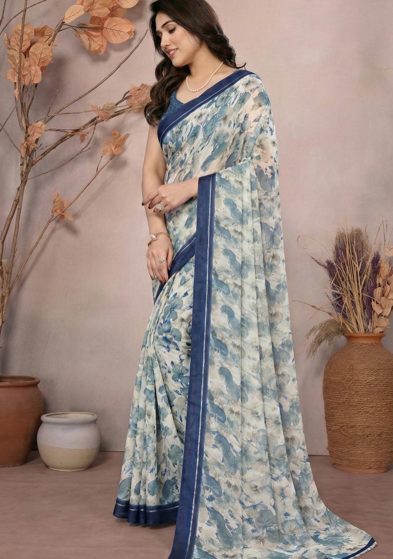 Navy Blue Printed Satin Saree Set - Indya