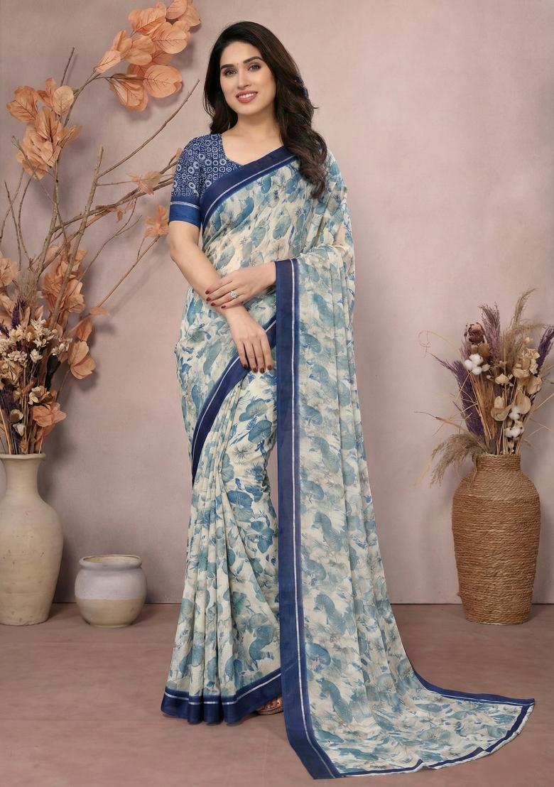 Navy Blue Printed Satin Saree Set - Indya