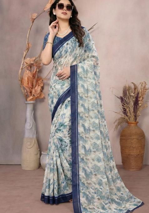 Navy Blue Printed Satin Saree Set