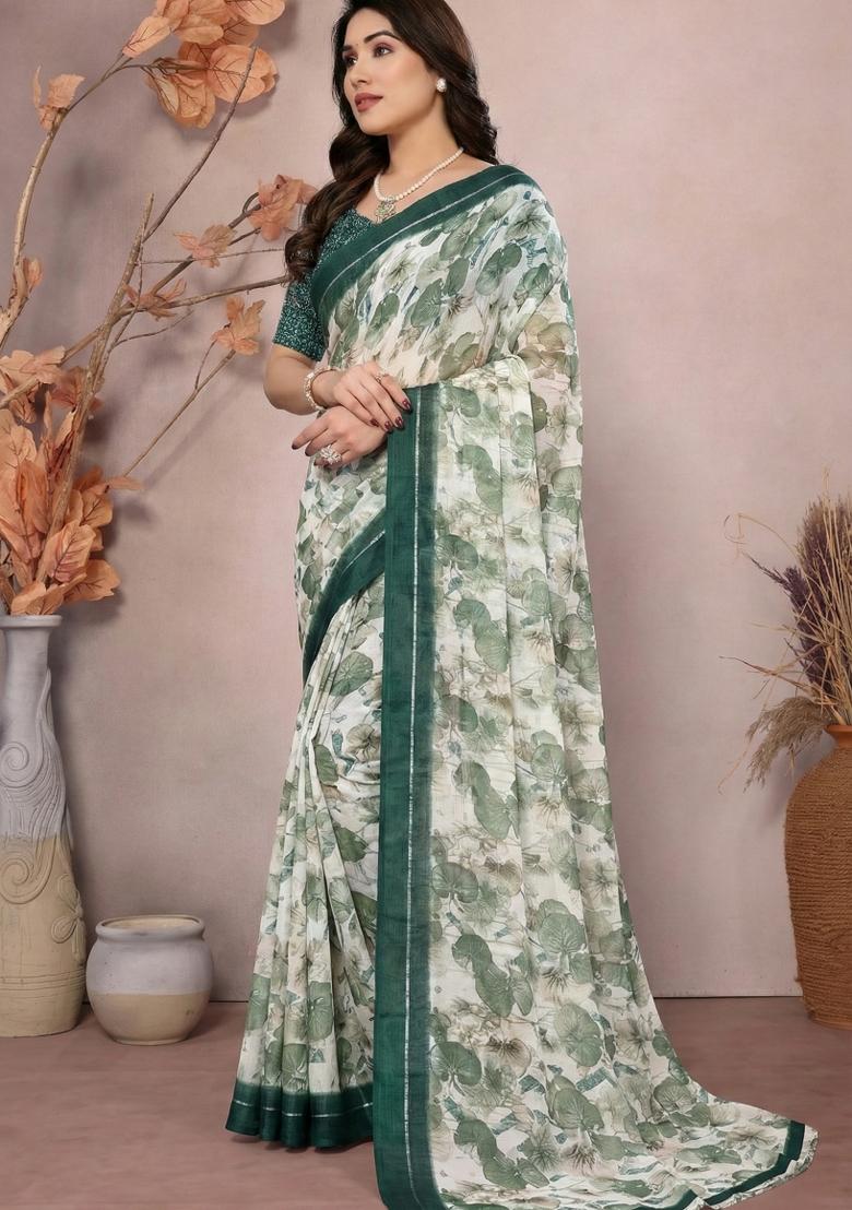 Green Printed Satin Saree Set - Indya