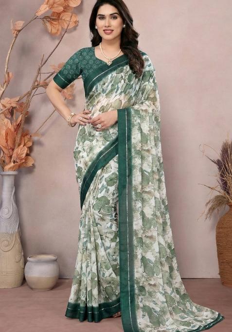 Green Printed Satin Saree Set