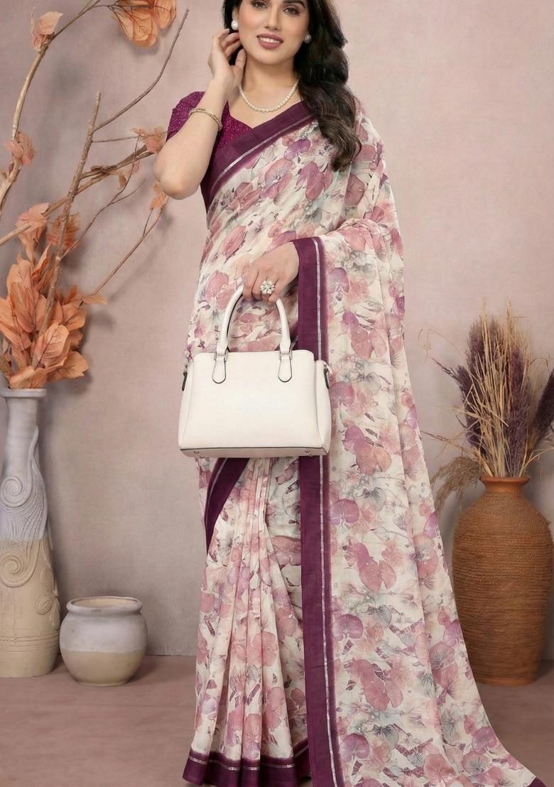 Wine Printed Satin Saree Set - Indya