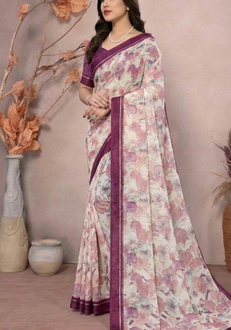 Wine Printed Satin Saree Set