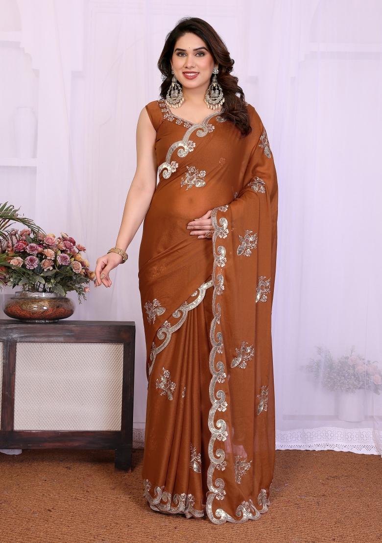 Brown Embroidered Silk Blend Saree Set - Indya
