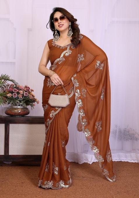 Brown Embroidered Silk Saree Set
