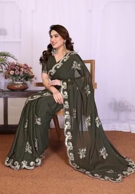 Grey Embroidered Silk Blend Saree Set