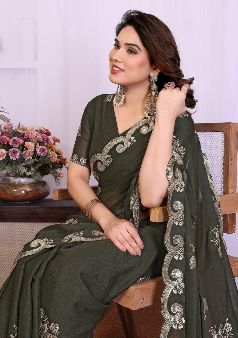 Grey Embroidered Silk Blend Saree Set - Indya