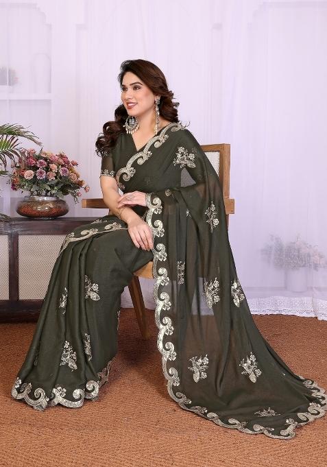 Grey Embroidered Silk Saree Set