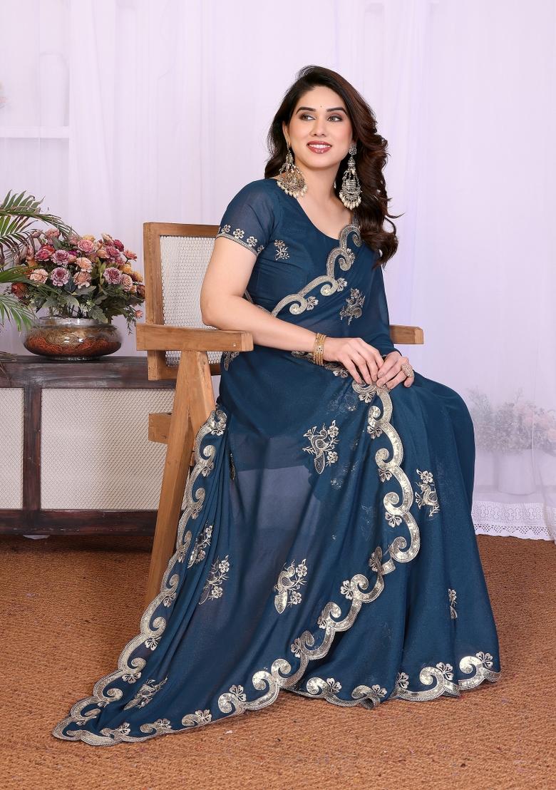 Rama Embroidered Silk Blend Saree Set - Indya