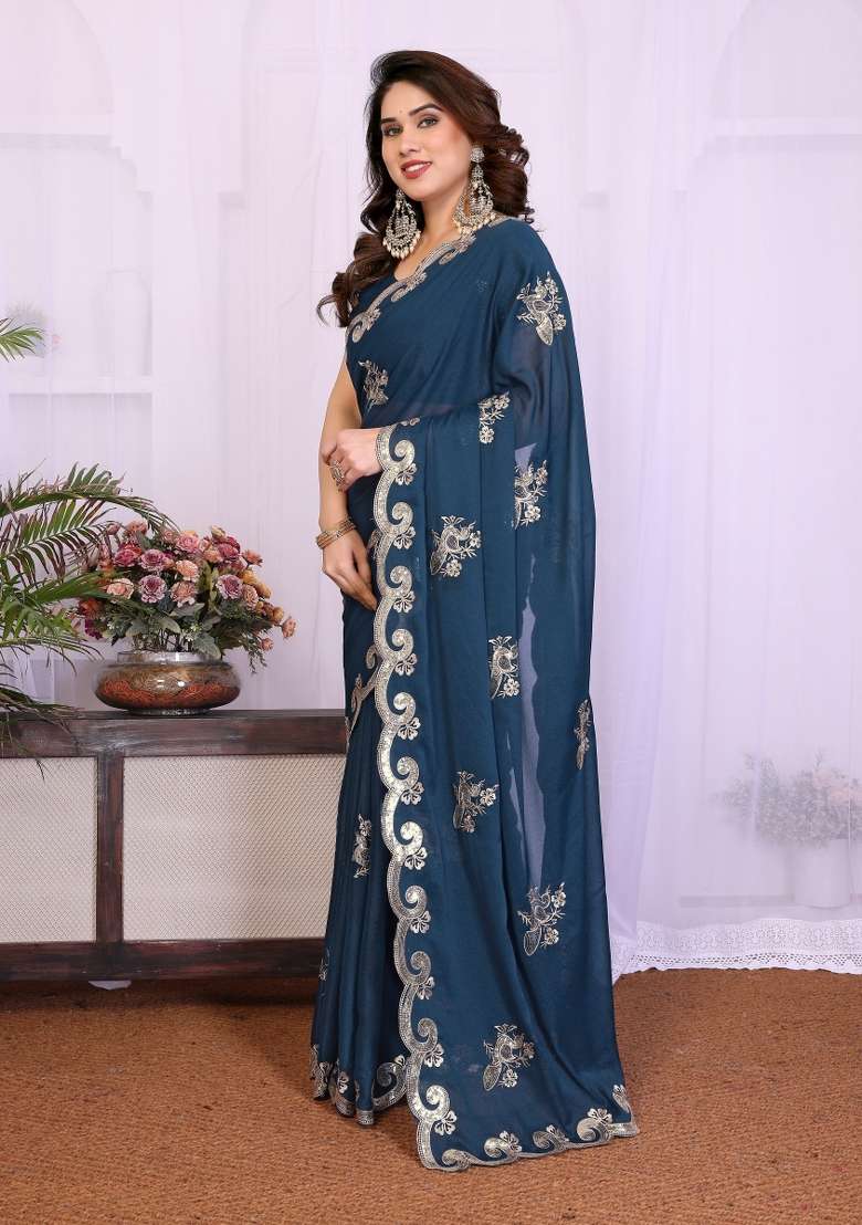 Rama Silk Blend Saree Set with Embroidered for Diwali | Wedding & Festive Wear - Indya