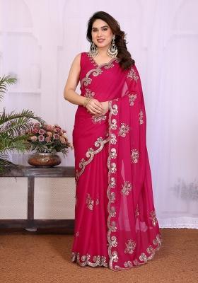 Pink Embroidered Silk Blend Saree Set