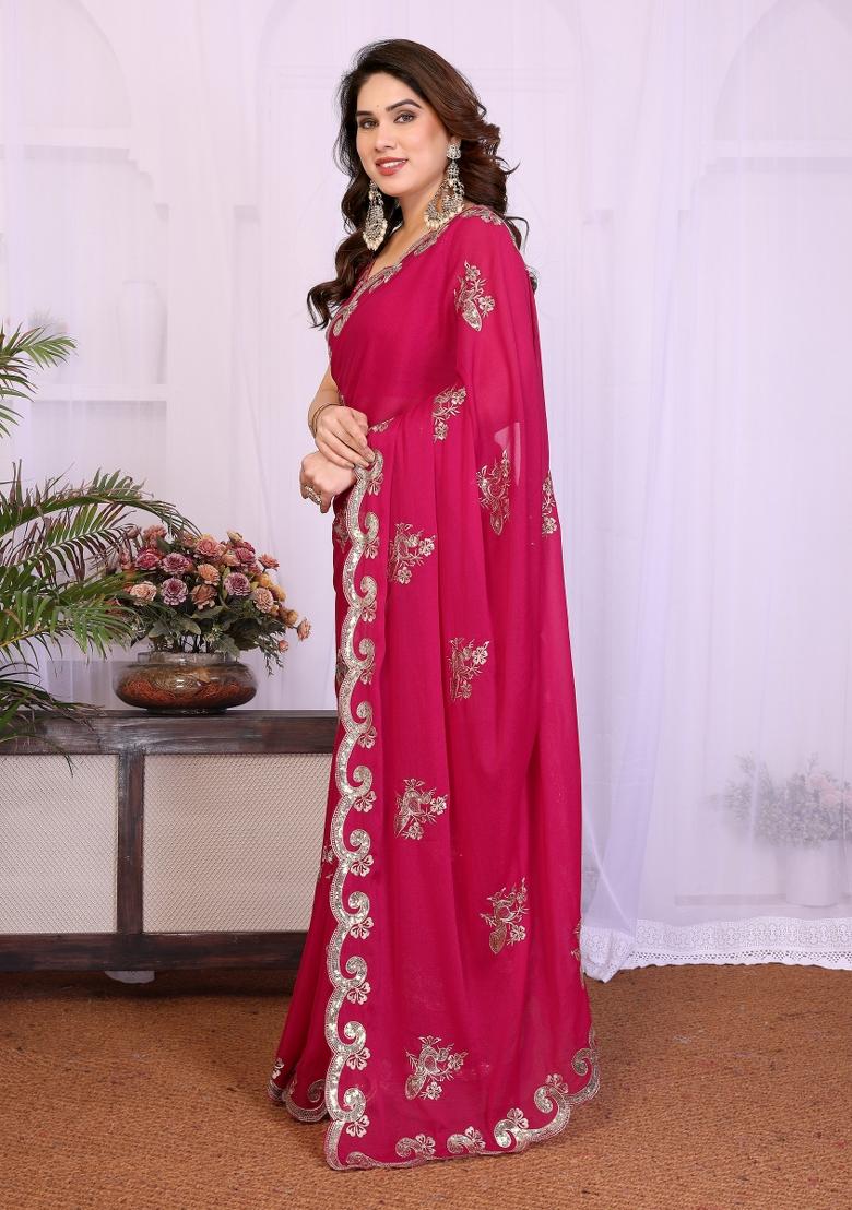 Pink Embroidered Silk Blend Saree Set - Indya