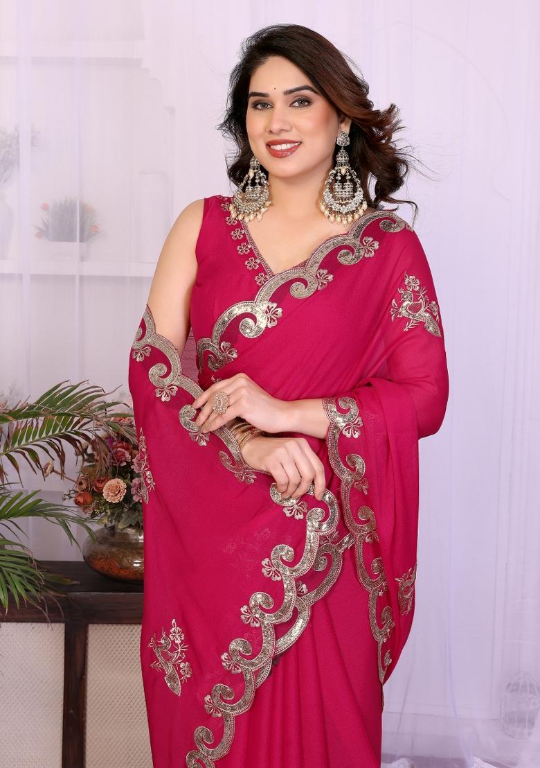Pink Embroidered Silk Blend Saree Set - Indya