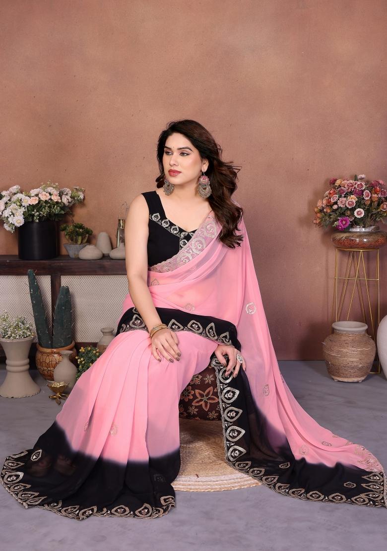 Black And Peach Embroidered Georgette Saree Set - Indya