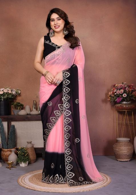 Black And Peach Embroidered Georgette Saree Set