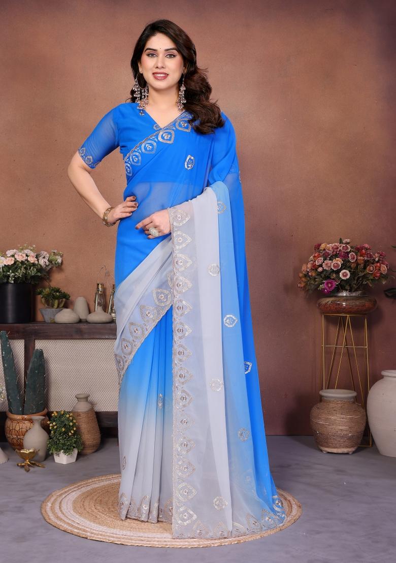 Blue And White Embroidered Georgette Saree Set - Indya