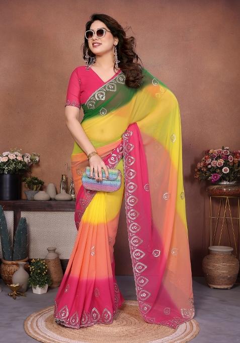 Multicolor Embroidered Georgette Saree Set