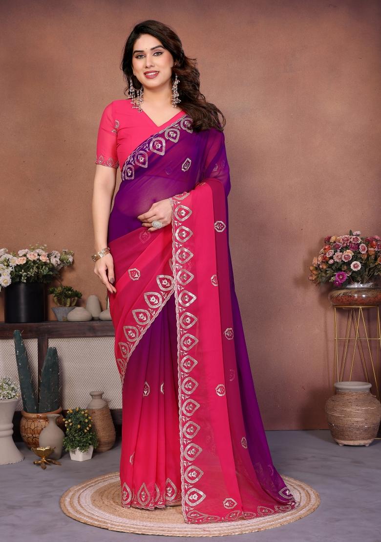 Multicolor Embroidered Georgette Saree Set - Indya