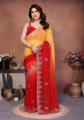 Yellow And Red Embroidered Georgette Saree Set