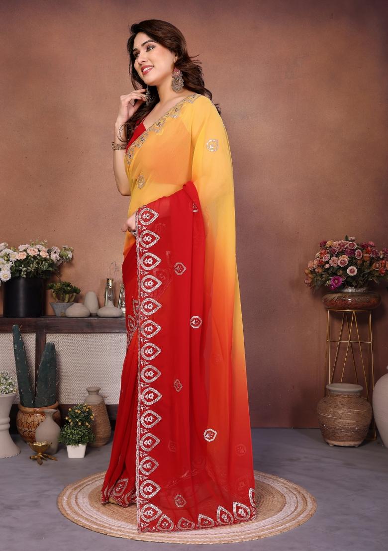 Yellow And Red Embroidered Georgette Saree Set - Indya