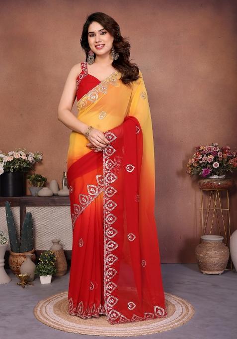 Yellow And Red Embroidered Georgette Saree Set