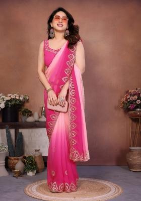 Pink Embroidered Georgette Saree Set