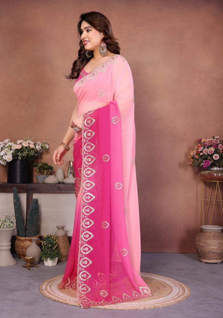 Pink Embroidered Georgette Saree Set - Indya