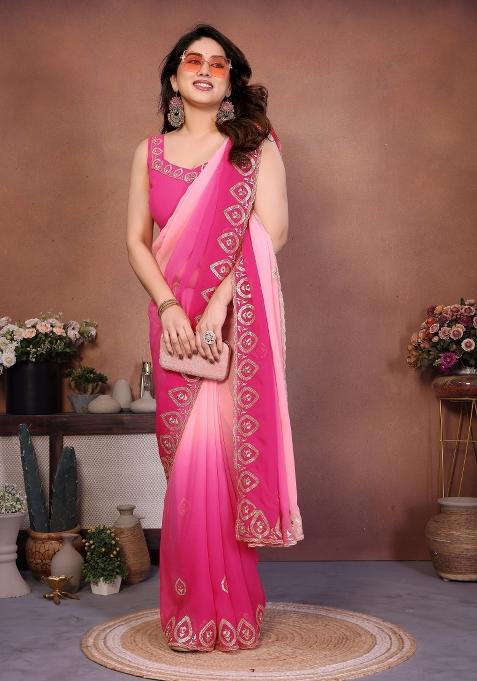 Pink Embroidered Georgette Saree Set
