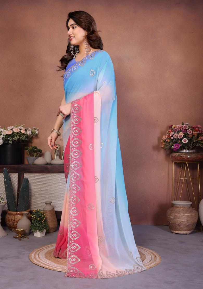 Sky Blue And Peach Embroidered Georgette Saree Set - Indya