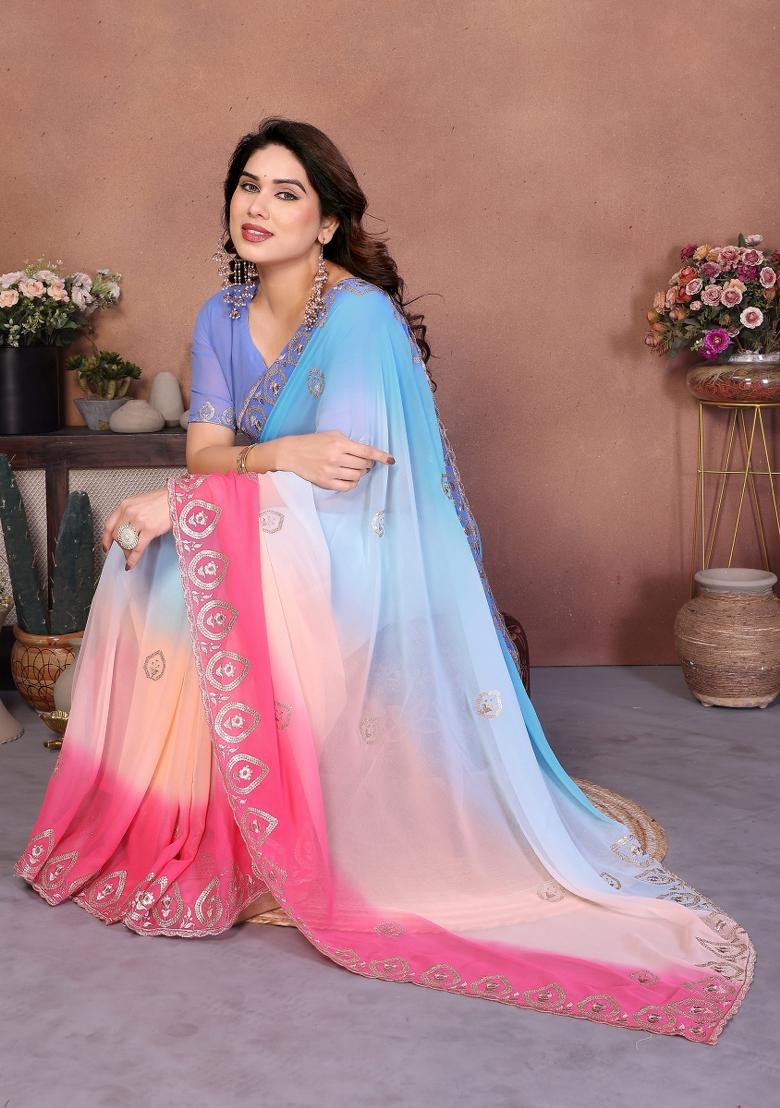 Sky Blue And Peach Embroidered Georgette Saree Set - Indya