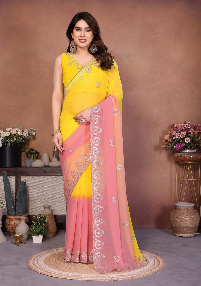Yellow Embroidered Georgette Saree Set - Indya