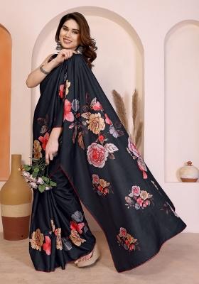 Black Printed Silk Blend Saree Set