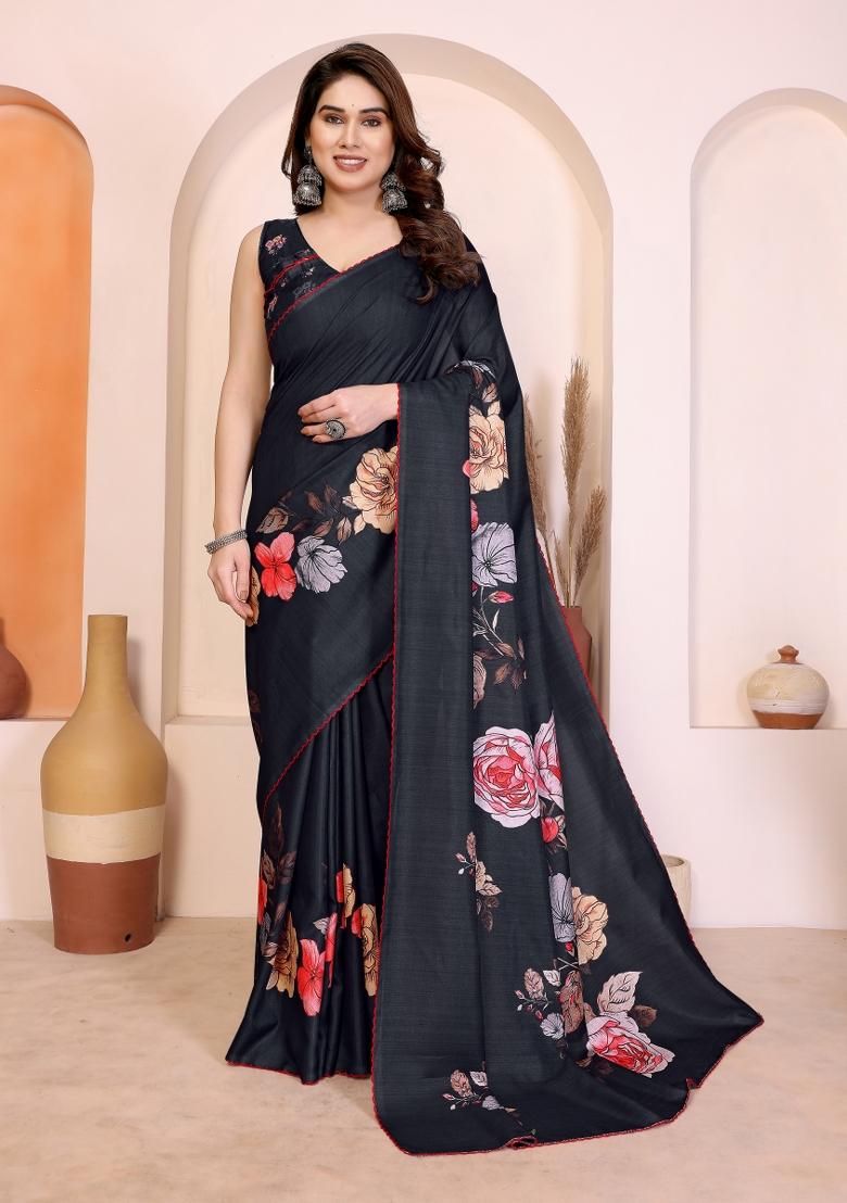 Black Printed Silk Blend Saree Set - Indya