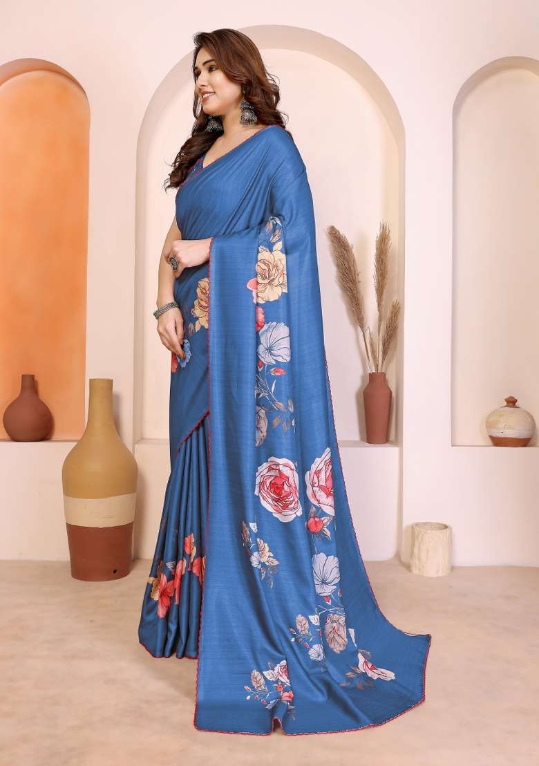 Blue Silk Blend Saree Set with Printed for Diwali | Wedding & Festive Wear - Indya