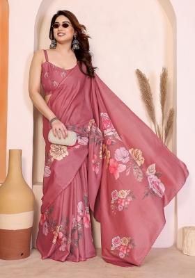 Peach Printed Silk Blend Saree Set